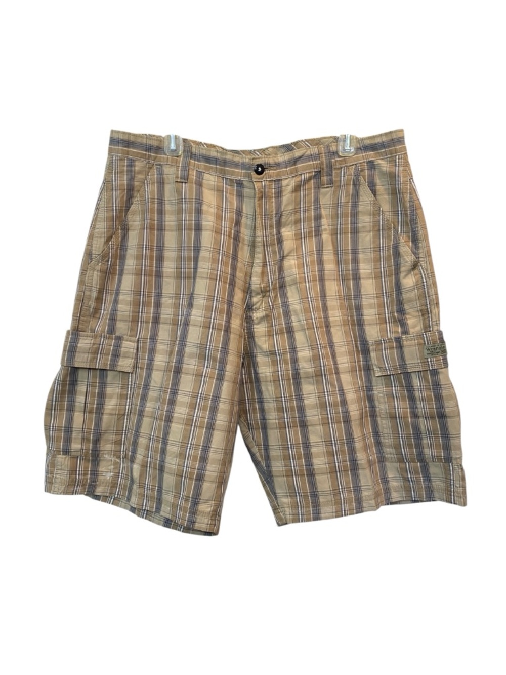 Wrangler Authentic Issue Men's size 38 Tan Blue Cream Plaid Cargo Hero Shorts